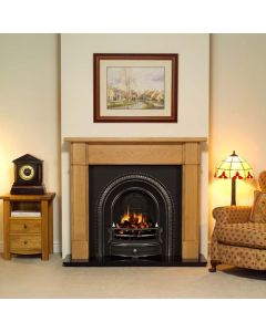 Oak Darwin 54" Mantel with a Light Hand Waxed Finish, Highlight Polished Radley Cast Iron Insert and a Black Granite 54" Hearth.
