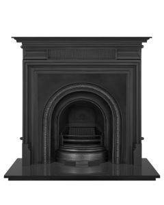 A black cast iron fireplace insert, a double decorative beaded fireplace arched insert, a Victorian fireplace insert, gas 