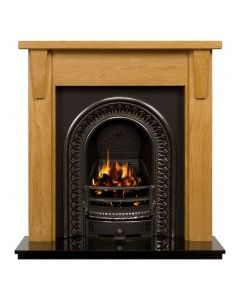 Oak Templeton 42" Mantel with a Light Hand Waxed Finish, Highlight Polished Regal Cast Iron Insert and a Black Granite 42" Hearth.