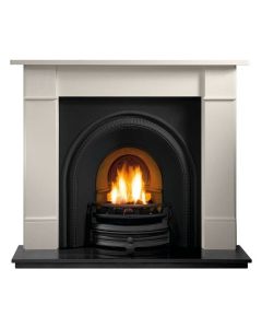 White limestone fireplace surround with black cast iron arched insert, granite hearth and gas fire package deal