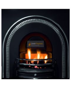 A black cast iron fireplace insert, an arched fireplace insert with a polished fireplace arch, an gas fire insert