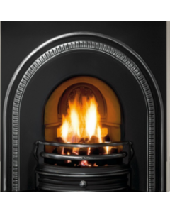 A black cast iron fireplace insert, an arched fireplace insert with a black fireplace arch, an gas fire insert