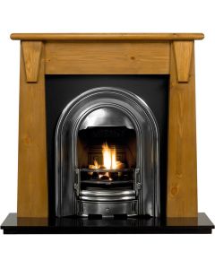 Pine Tyrone 48" Mantel with a Hand Waxed Finish, Half Polished Sutton Cast Iron Insert and a Black Granite 48" Hearth.
